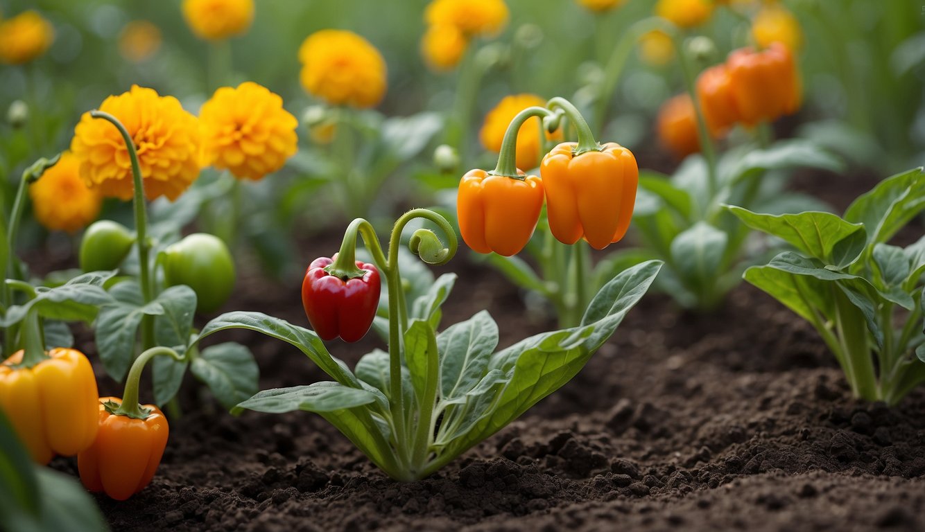 Bell pepper plants surrounded by natural pest deterrents like marigold flowers and garlic bulbs, with ladybugs and praying mantises present to control pest populations