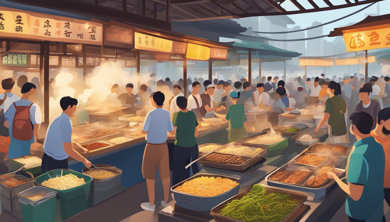 A bustling hawker center with colorful stalls and steaming woks, surrounded by eager diners sampling dumplings, noodles, and roasted meats