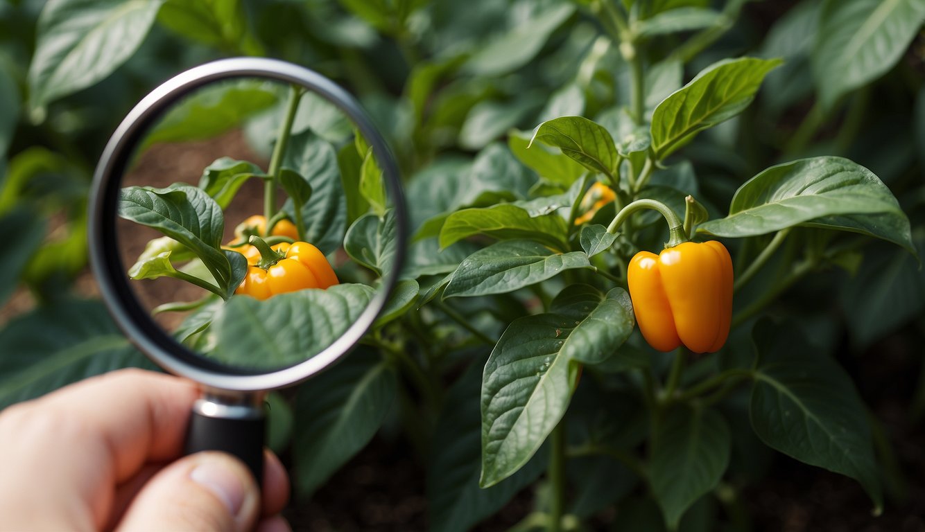 Bell pepper plants being inspected for bugs, with a magnifying glass showing close-up view of leaves