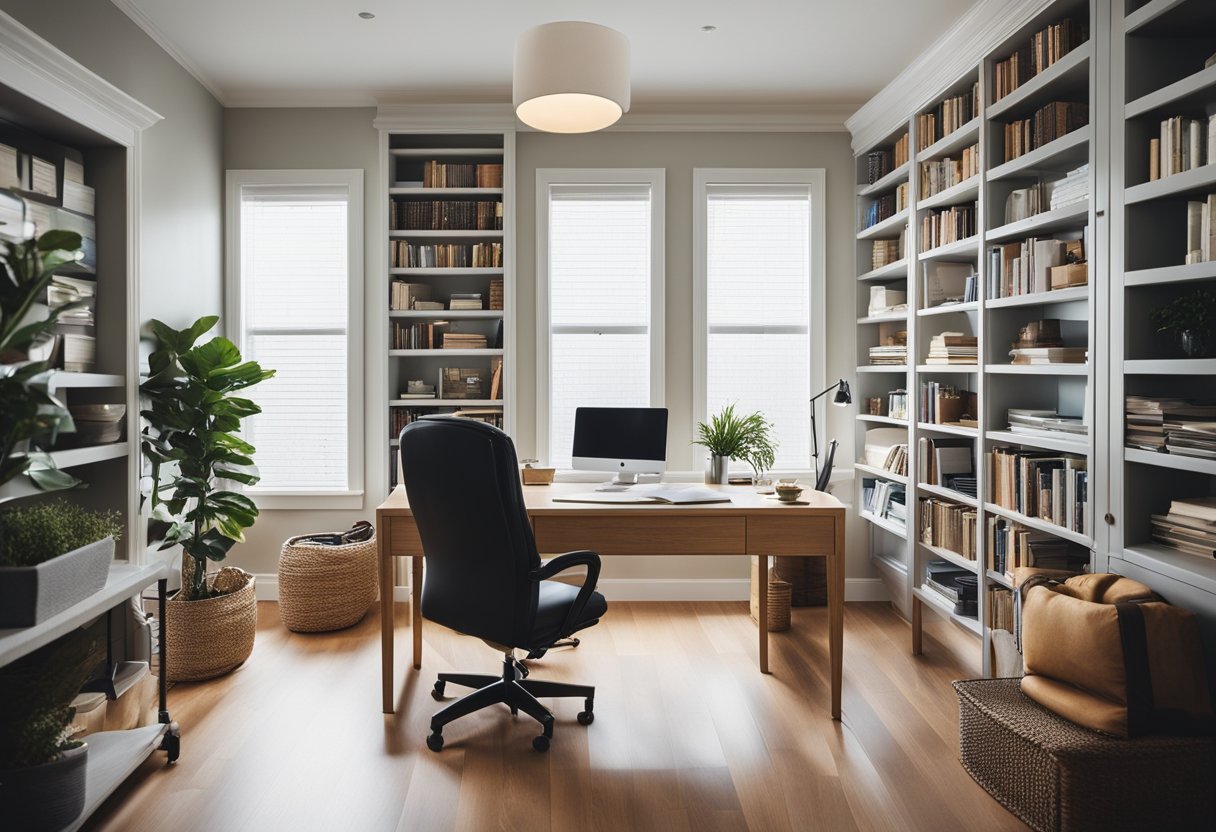 A bright, organized home office with a large desk, ergonomic chair, bookshelves, and a cozy reading nook with natural lighting