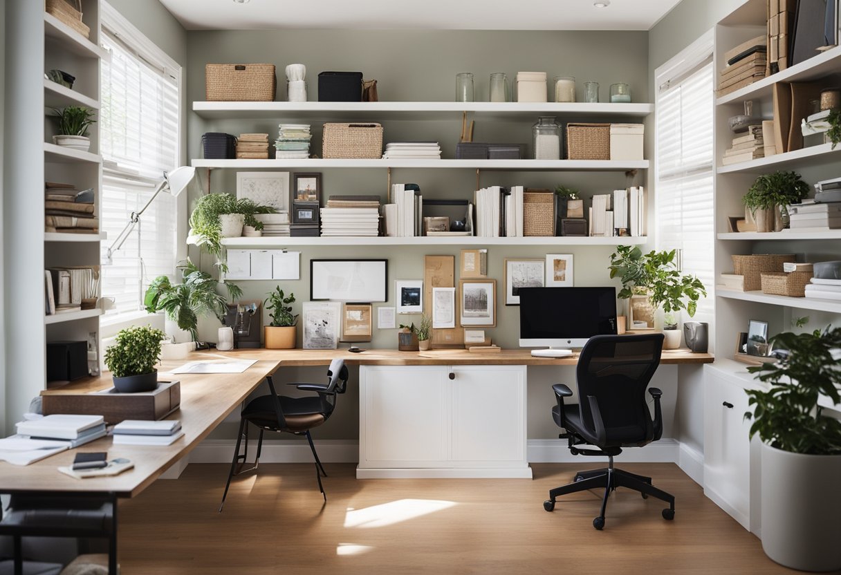 A bright, organized home office with a sleek desk, ergonomic chair, and shelves filled with books and supplies. Natural light streams in through a large window, creating a welcoming and productive workspace