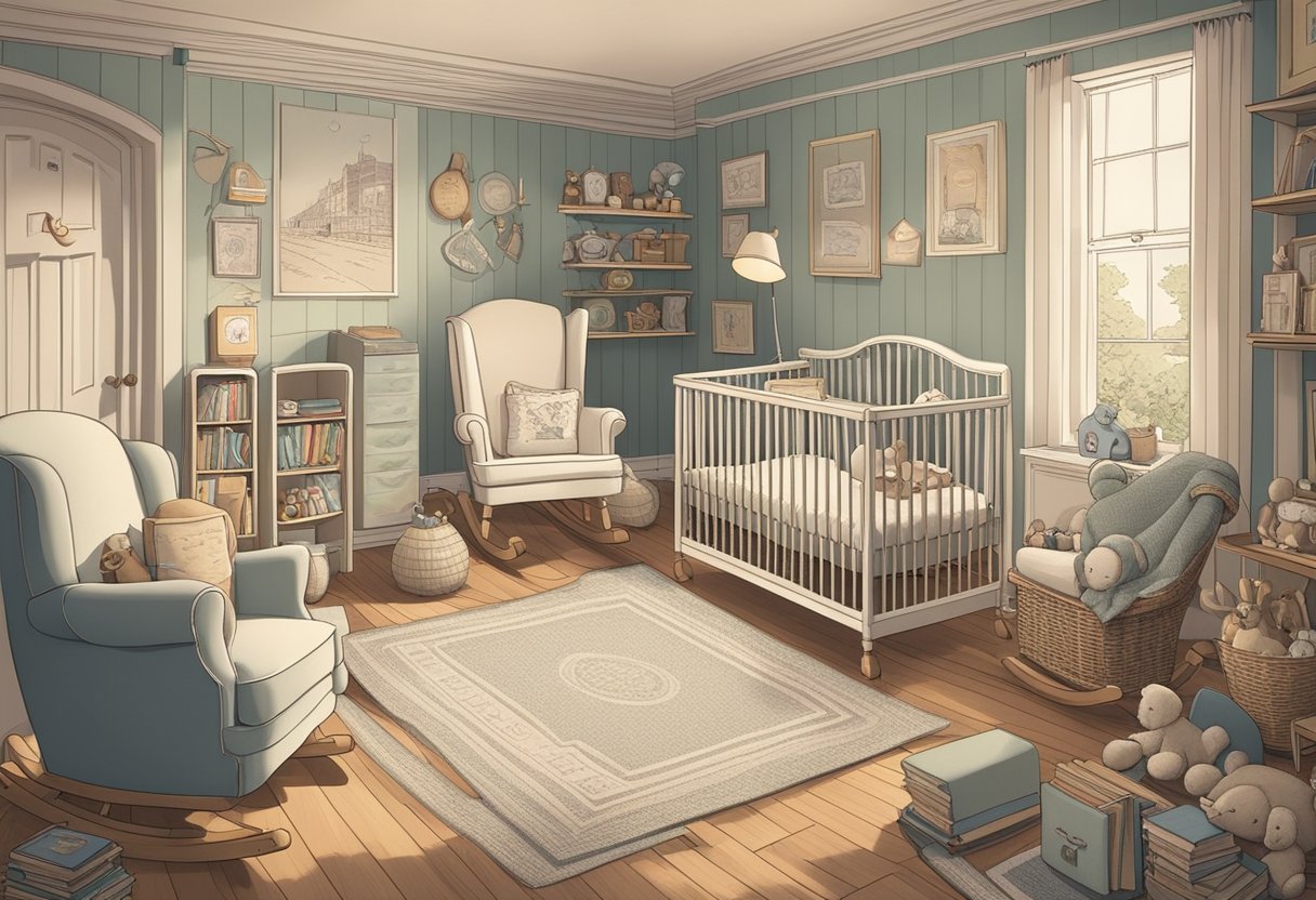 A cozy nursery with vintage toys and books, a rocking chair, and a framed list of classic baby names from the UK