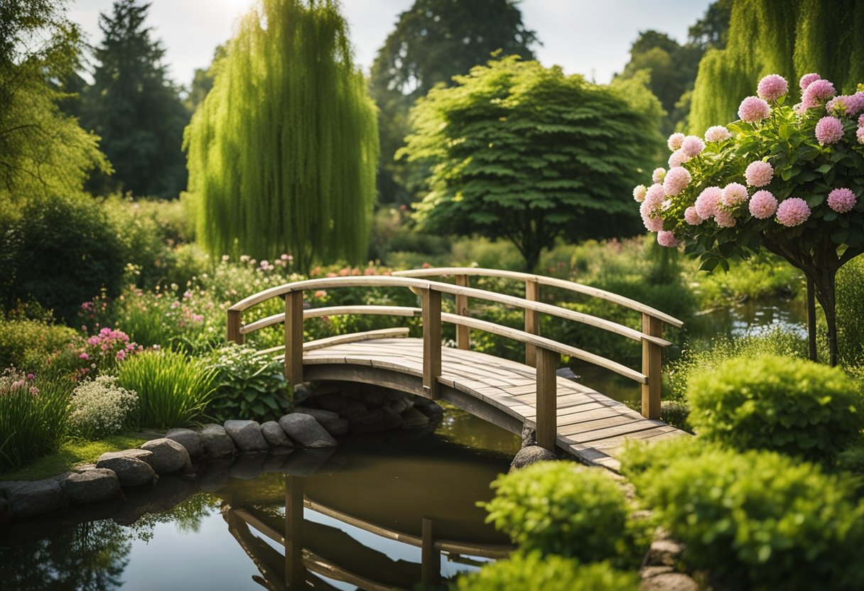 A peaceful garden with a small wooden bridge over a tranquil pond, surrounded by lush greenery and blooming flowers. A serene meditation area with a cozy seating arrangement and soft lighting
