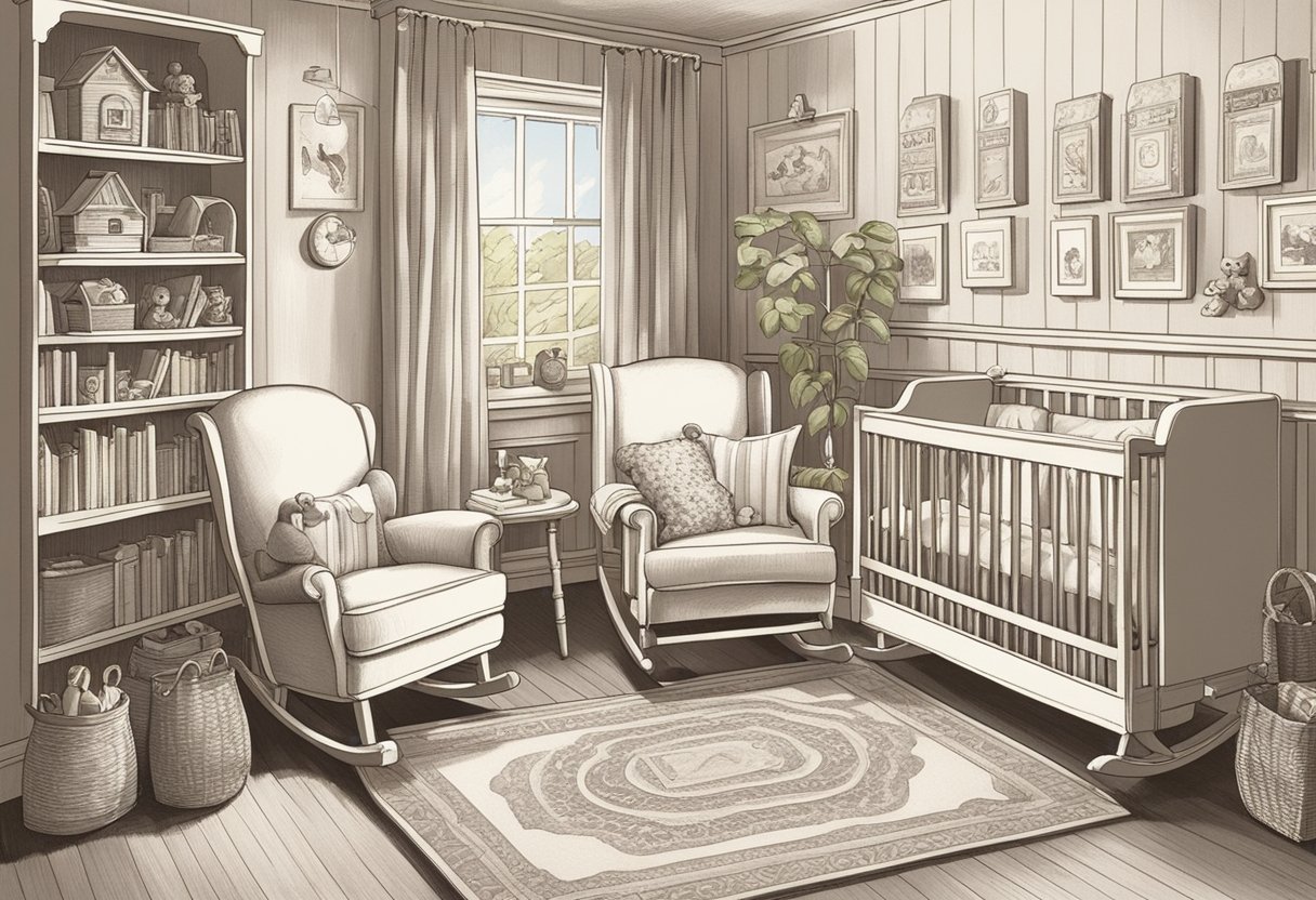 A vintage nursery with classic toys, a rocking chair, and a bookshelf filled with traditional baby name books