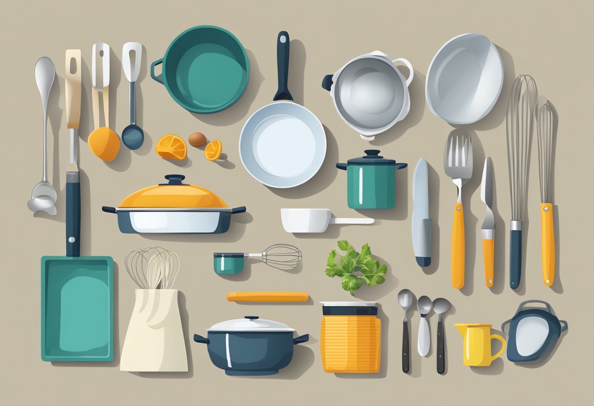 A kitchen counter with various cooking utensils neatly arranged for selection