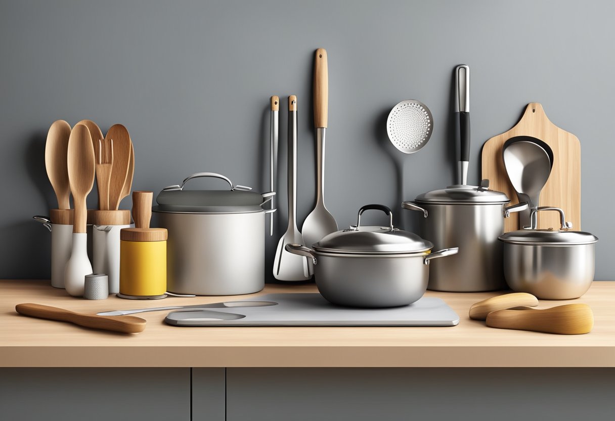 A kitchen counter with various cooking utensils made of different materials, such as stainless steel, silicone, and wood, displayed neatly for selection