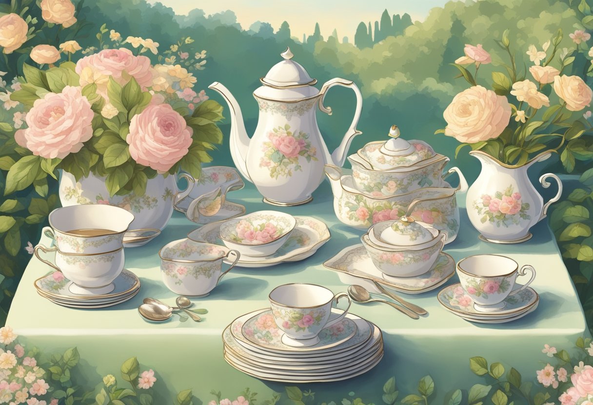 A vintage tea party set in a cozy English garden, with delicate floral china, lace tablecloths, and classic baby names displayed on charming name cards