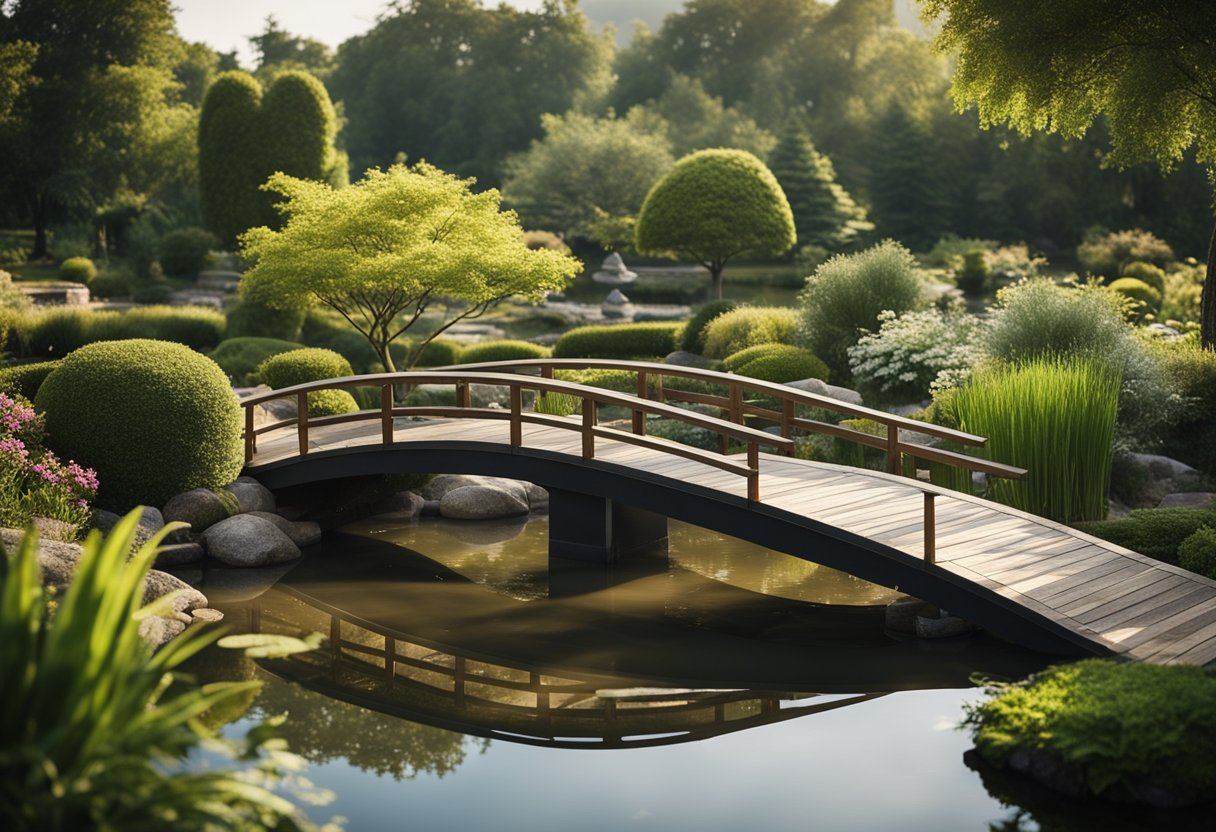 A tranquil garden with minimalist landscaping, a serene rock garden, and a simple wooden bridge over a peaceful pond