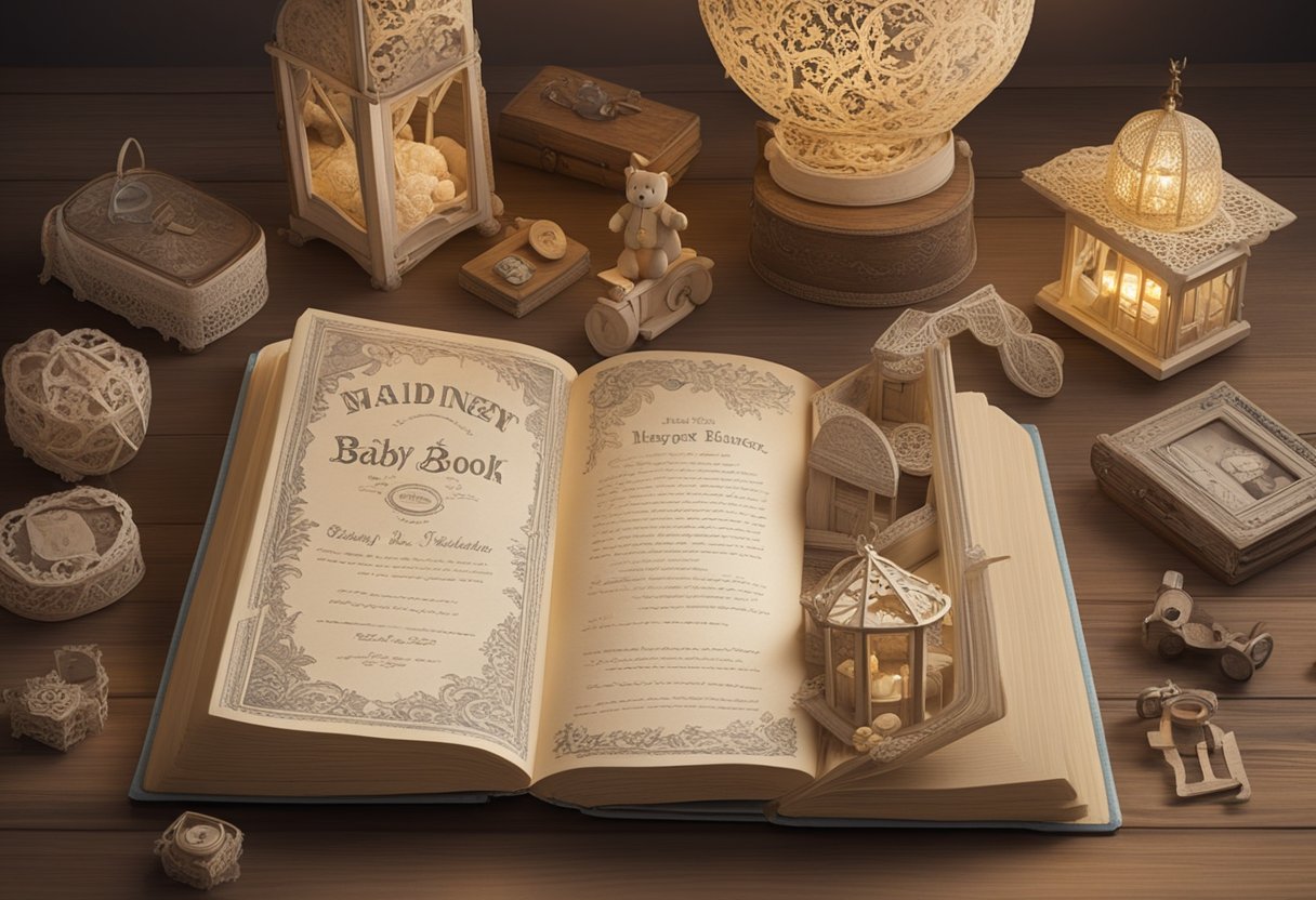 A vintage-inspired baby name book lies open on a wooden table, surrounded by a collection of antique toys and delicate lace ribbons