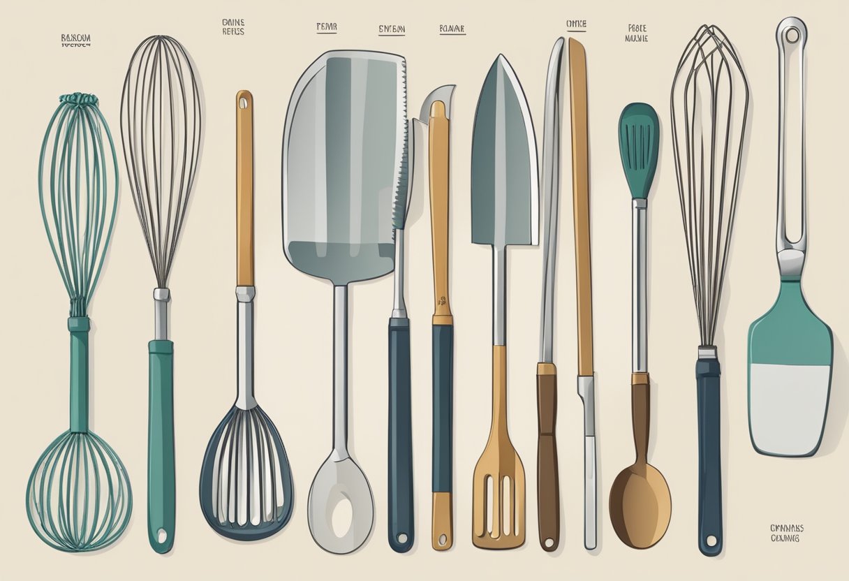 A variety of cooking utensils are laid out on a kitchen counter, including spatulas, whisks, and tongs. Each utensil is labeled with its name and purpose for easy identification