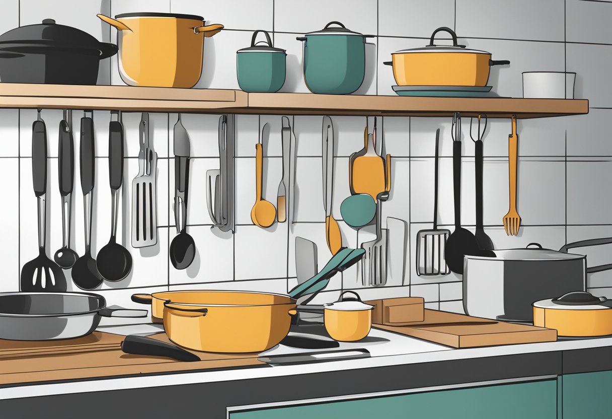 A well-organized kitchen with a variety of sleek, modern cooking utensils on display. Each utensil is designed for comfort and efficiency, with a focus on ergonomic handles and stylish, functional shapes