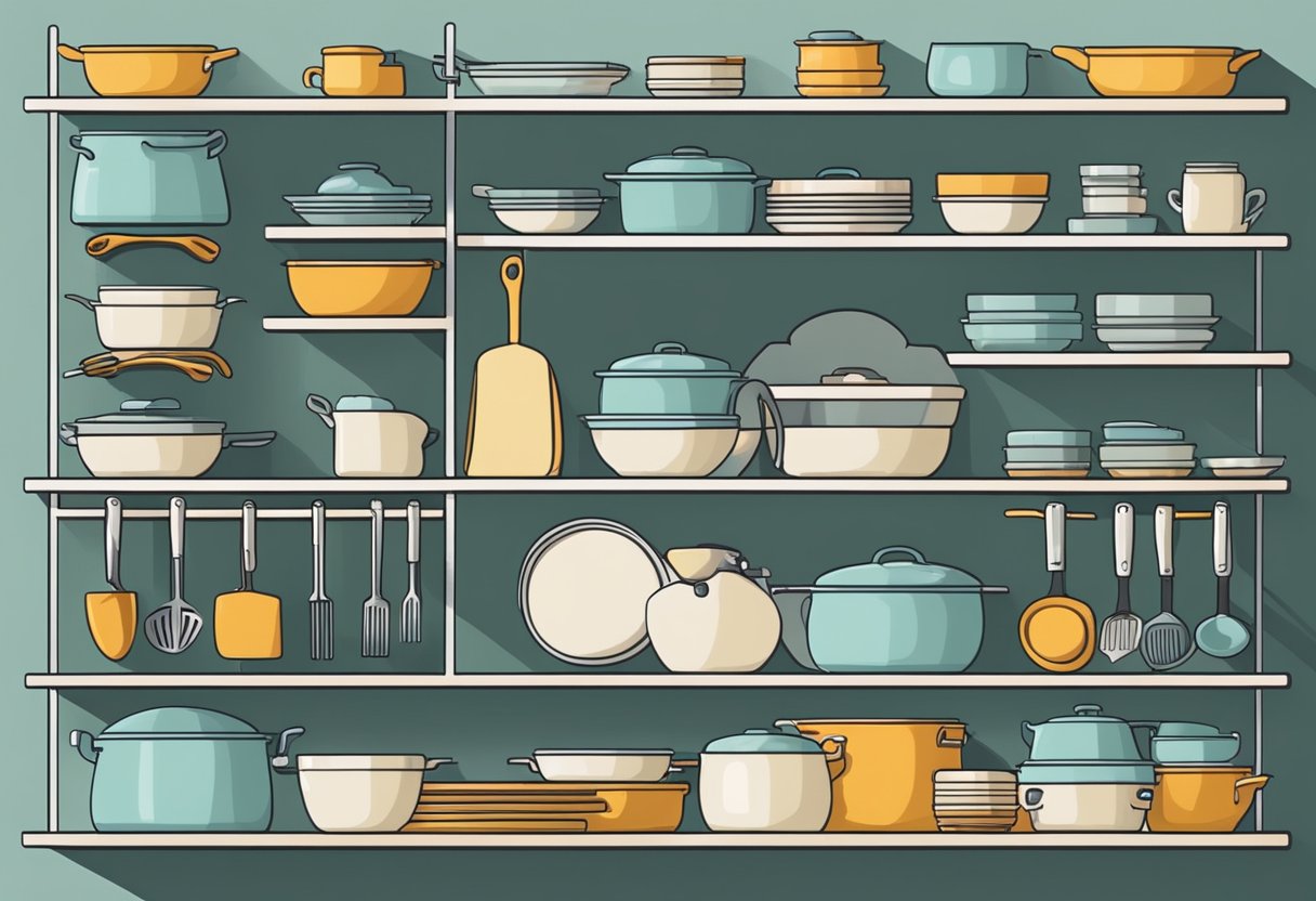 A well-organized kitchen with a variety of high-quality cooking utensils neatly displayed on hooks or in designated drawers and containers