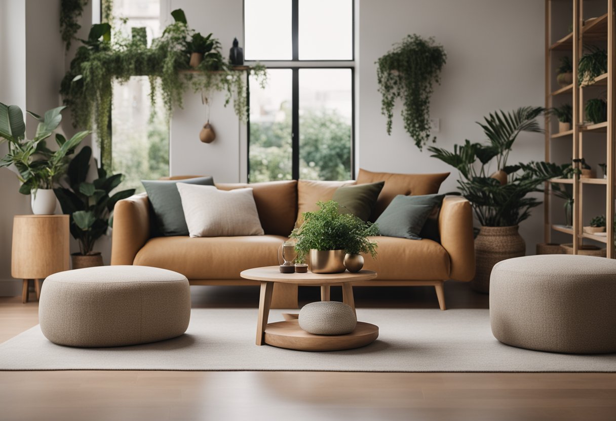A minimalist living room with neutral colors, natural materials, and plenty of greenery. A cozy seating area with floor cushions and low tables. Soft lighting and a clutter-free environment