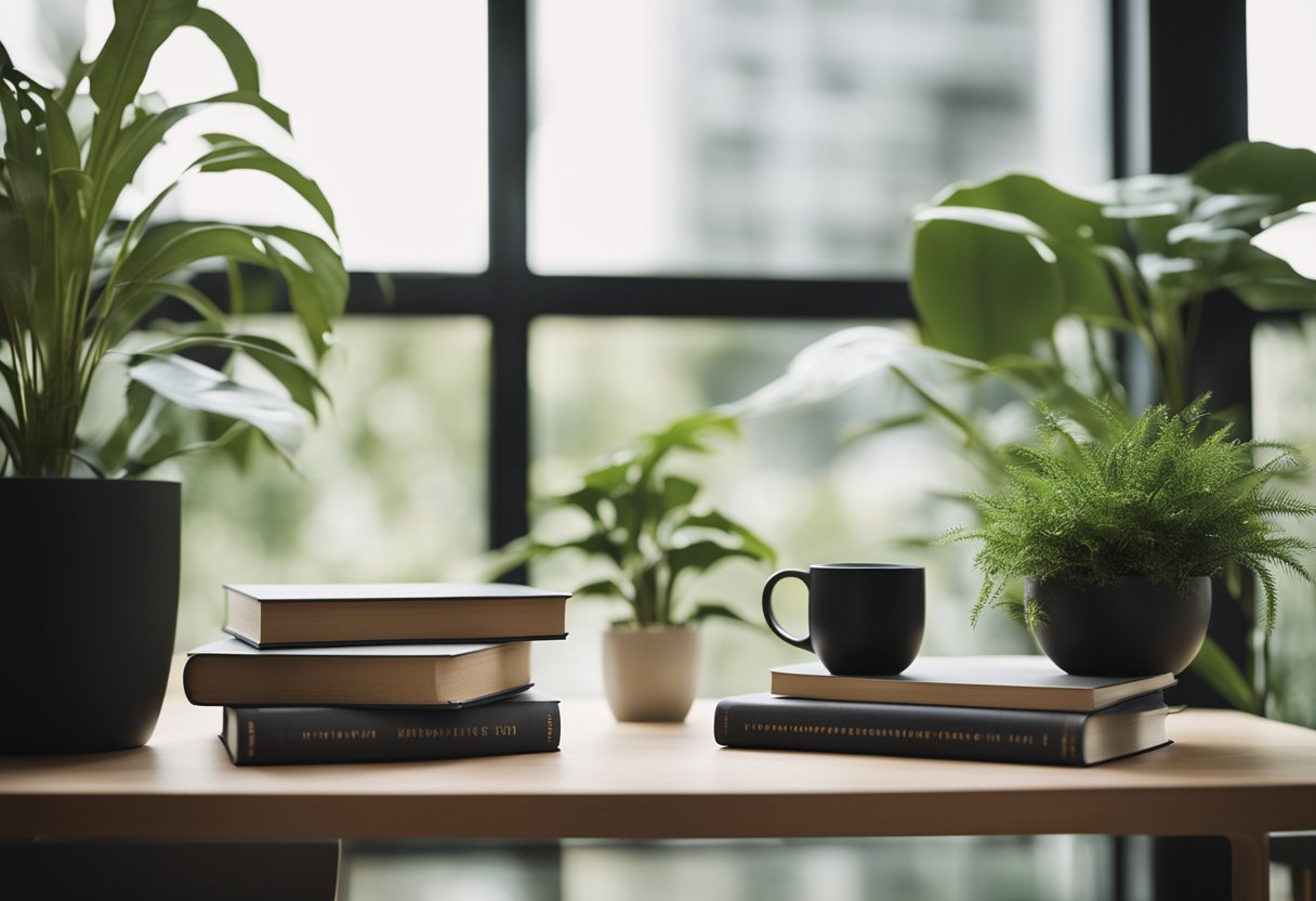 A serene room with natural light, minimalist decor, and plants. A stack of books on zen living sits on a sleek table