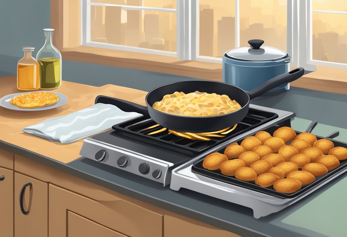 A kitchen counter with a baking sheet lined with golden brown, crispy baked foods next to a frying pan with oil sizzling over a stovetop