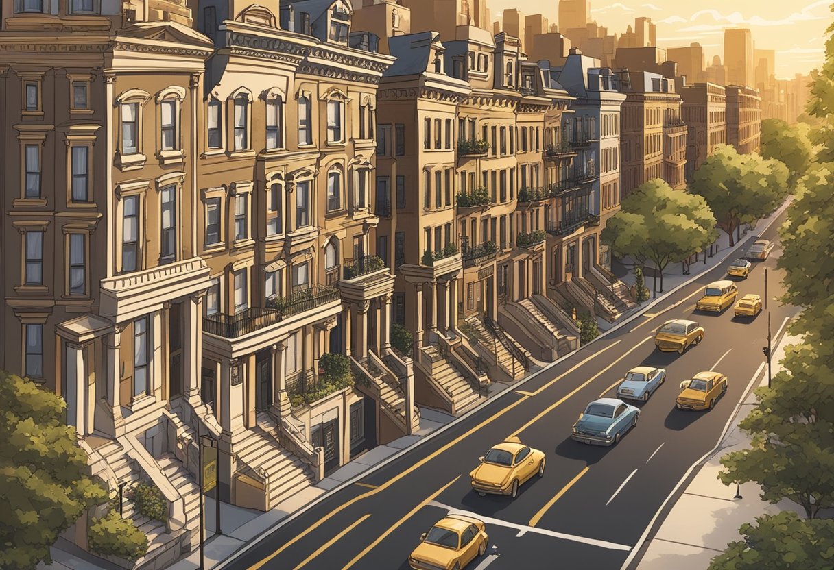 A bustling street lined with elegant brownstone buildings, with a sign reading "Best Names Upper East Side Baby Names" in ornate gold lettering