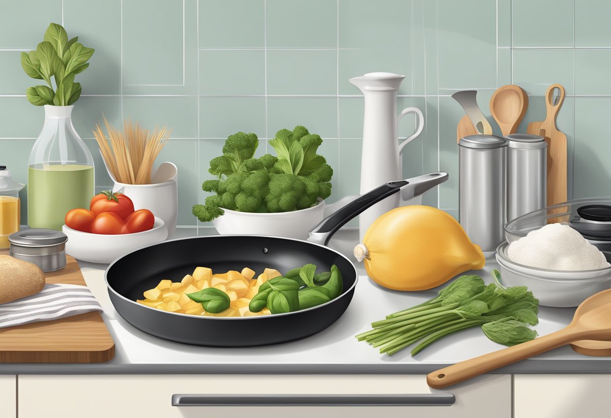 Fresh ingredients and cooking utensils on a clean kitchen counter, with a baking sheet and a frying pan side by side