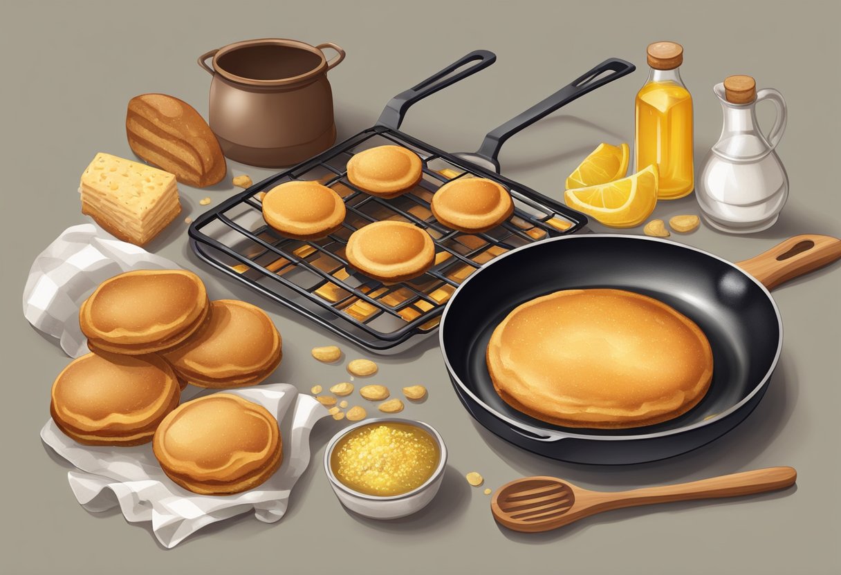 A kitchen scene with a baking sheet full of golden brown baked goods next to a frying pan with sizzling oil and a pile of raw ingredients