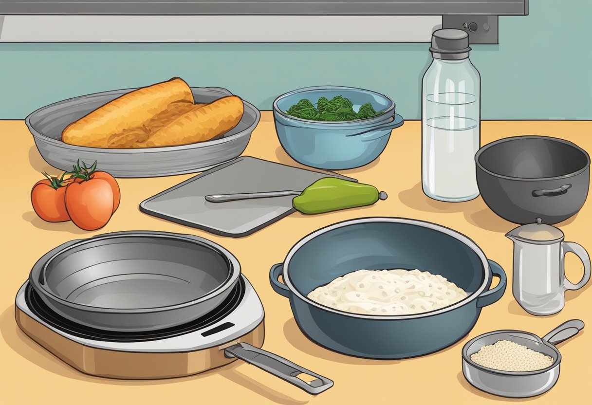 A kitchen counter with a variety of fresh ingredients, a mixing bowl, and a baking sheet next to a frying pan. The oven is preheated and ready for baking