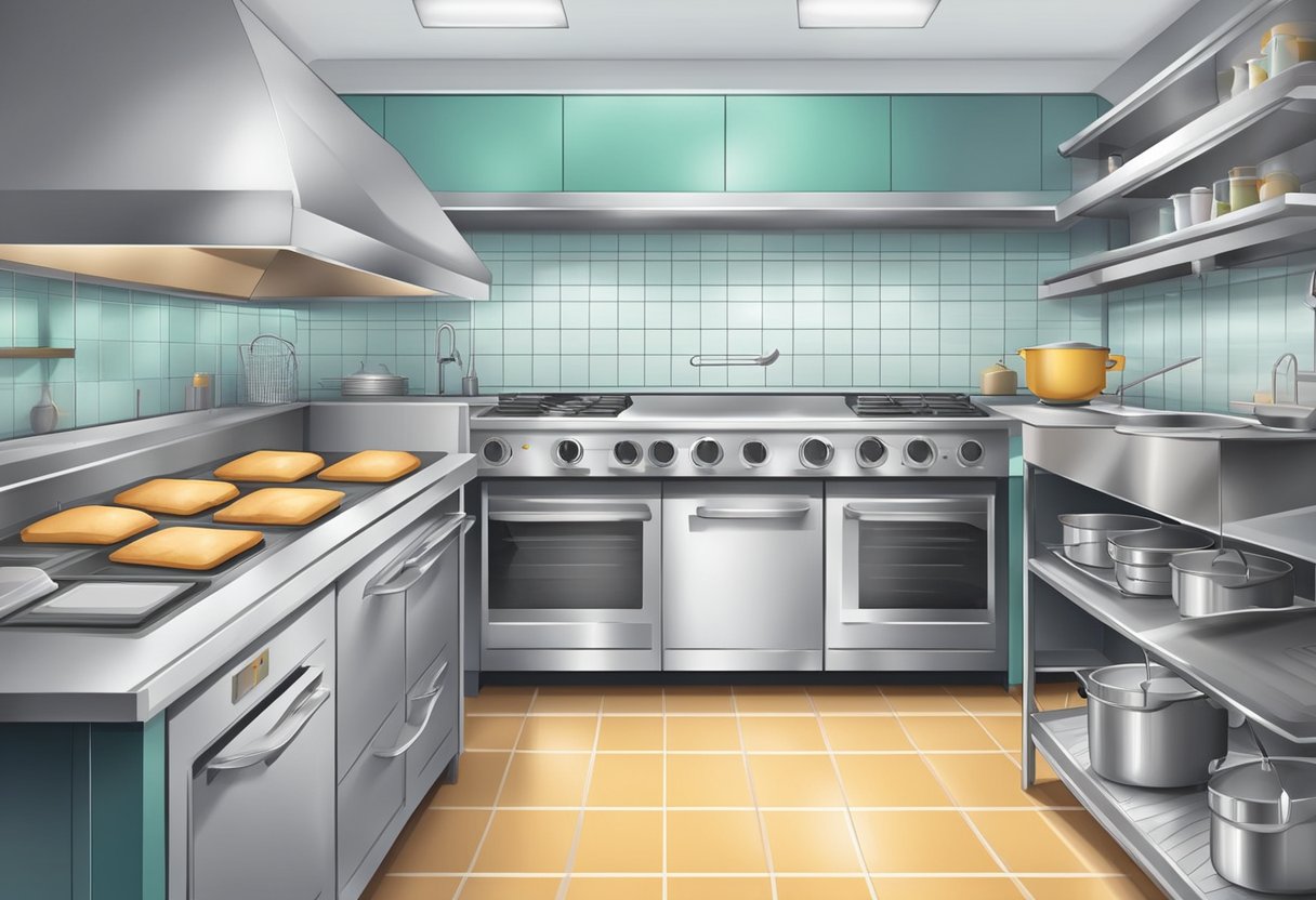 A kitchen with baking equipment and safety signs. No frying equipment present. Clean and organized environment