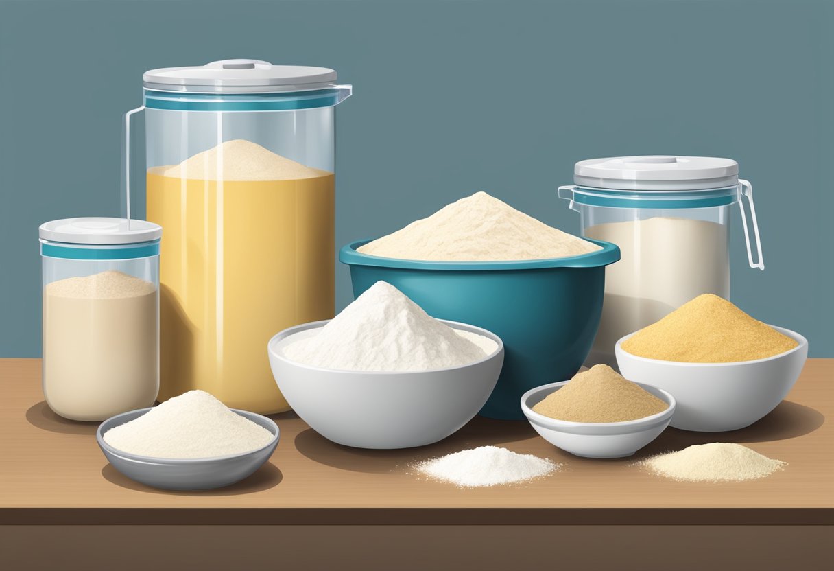 A kitchen counter with various types of flour (all-purpose, whole wheat, cake flour) in separate containers, alongside a mixing bowl and measuring cups