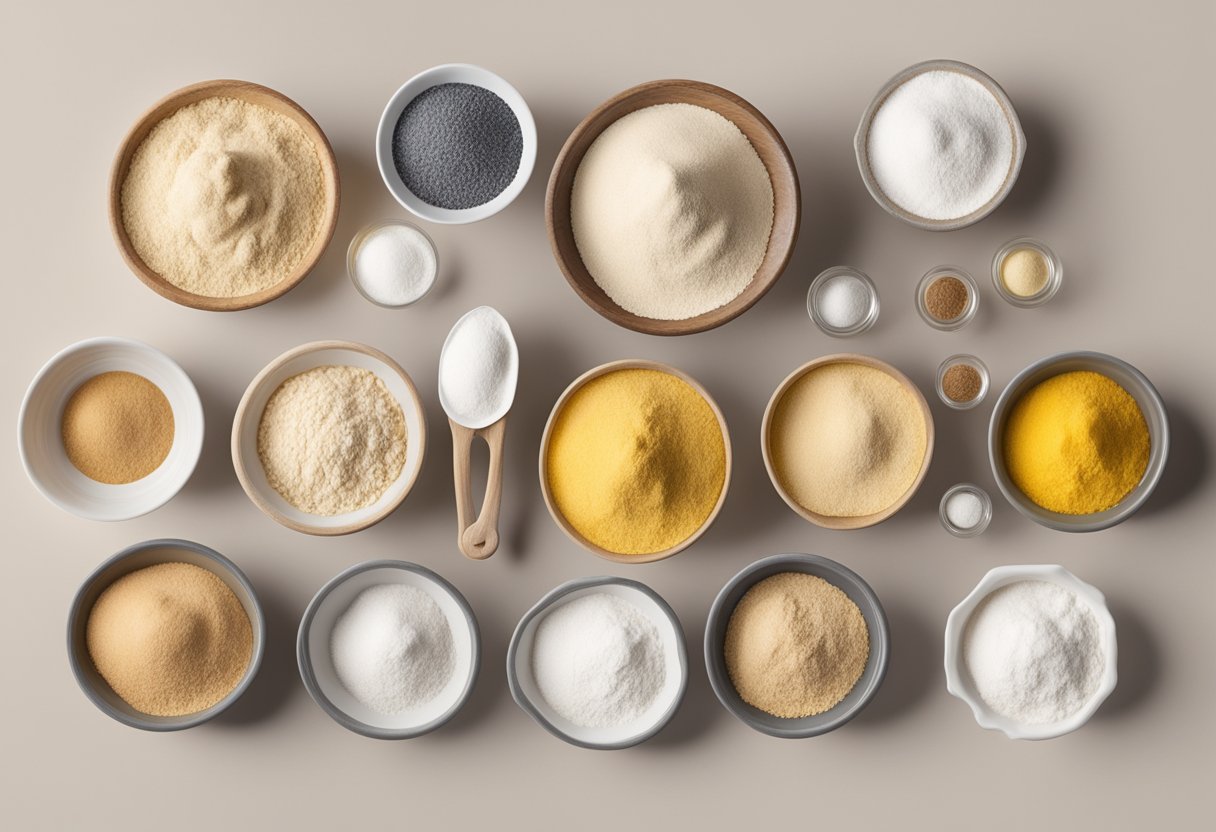 A variety of flours arranged on a countertop, with labels indicating their uses in baking. Ingredients like wheat, almond, and coconut flour are displayed in separate containers for easy identification