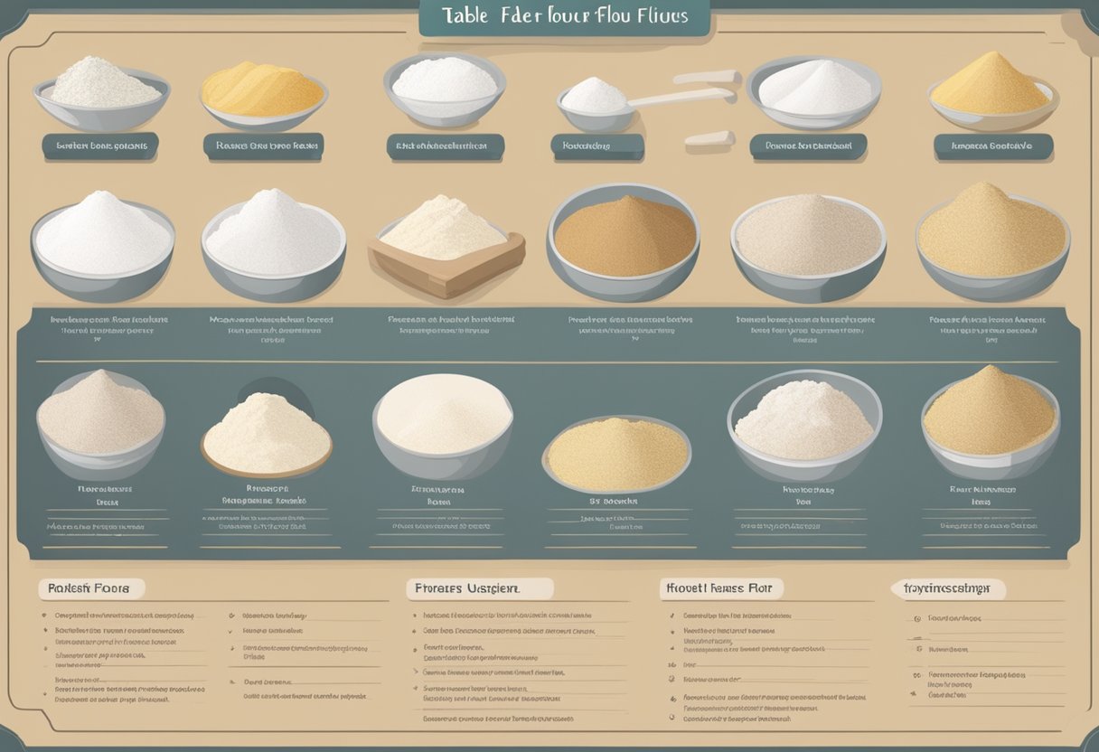 A table displaying various types of flour with labels indicating their uses in baking