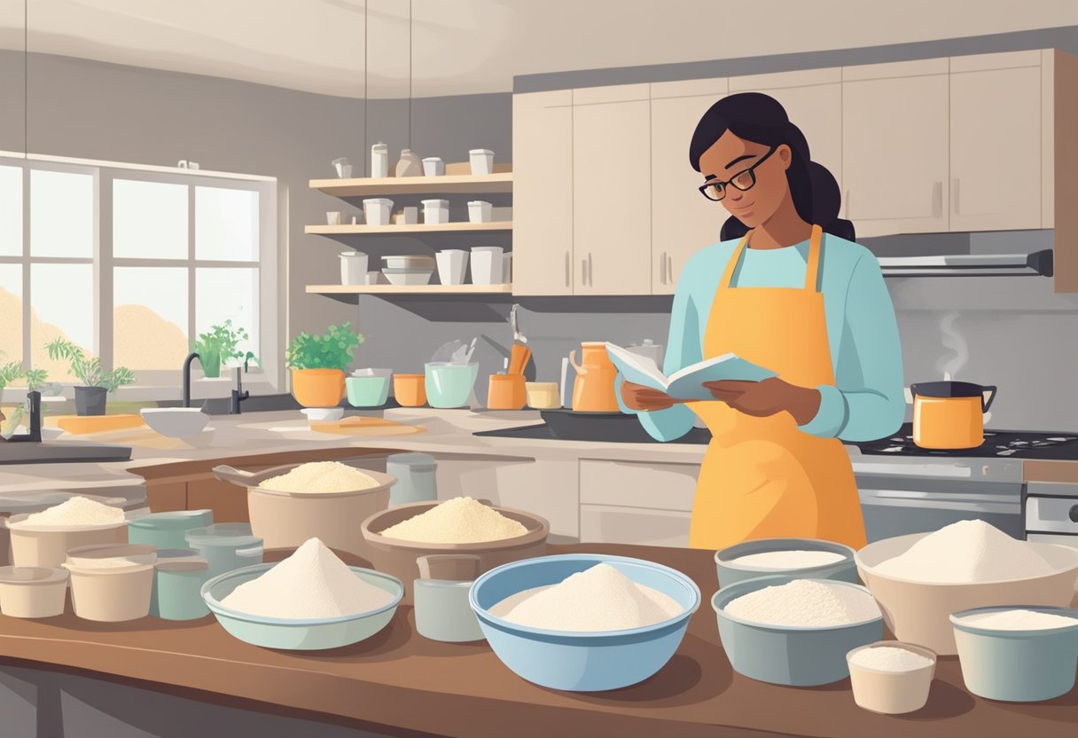 A person stands in a kitchen, surrounded by various types of flour in containers. They are carefully reading a baking recipe, considering which type of flour to use