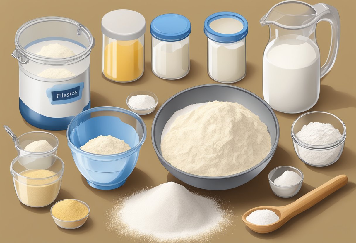 A kitchen counter with various types of flour in labeled containers, a mixing bowl, and a recipe book open to a page on baking with different flours