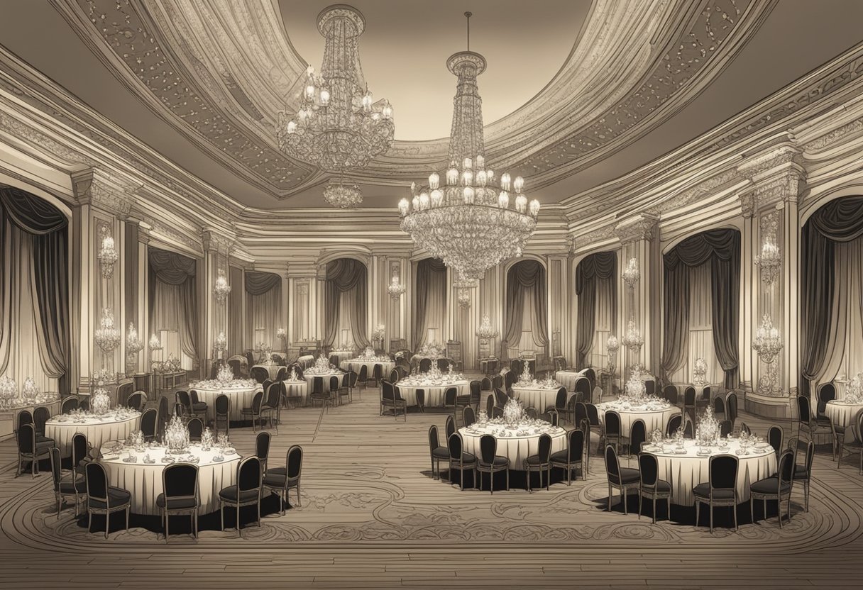 A grand ballroom filled with elegant chandeliers and ornate furniture, adorned with lavish name cards displaying upper class baby names