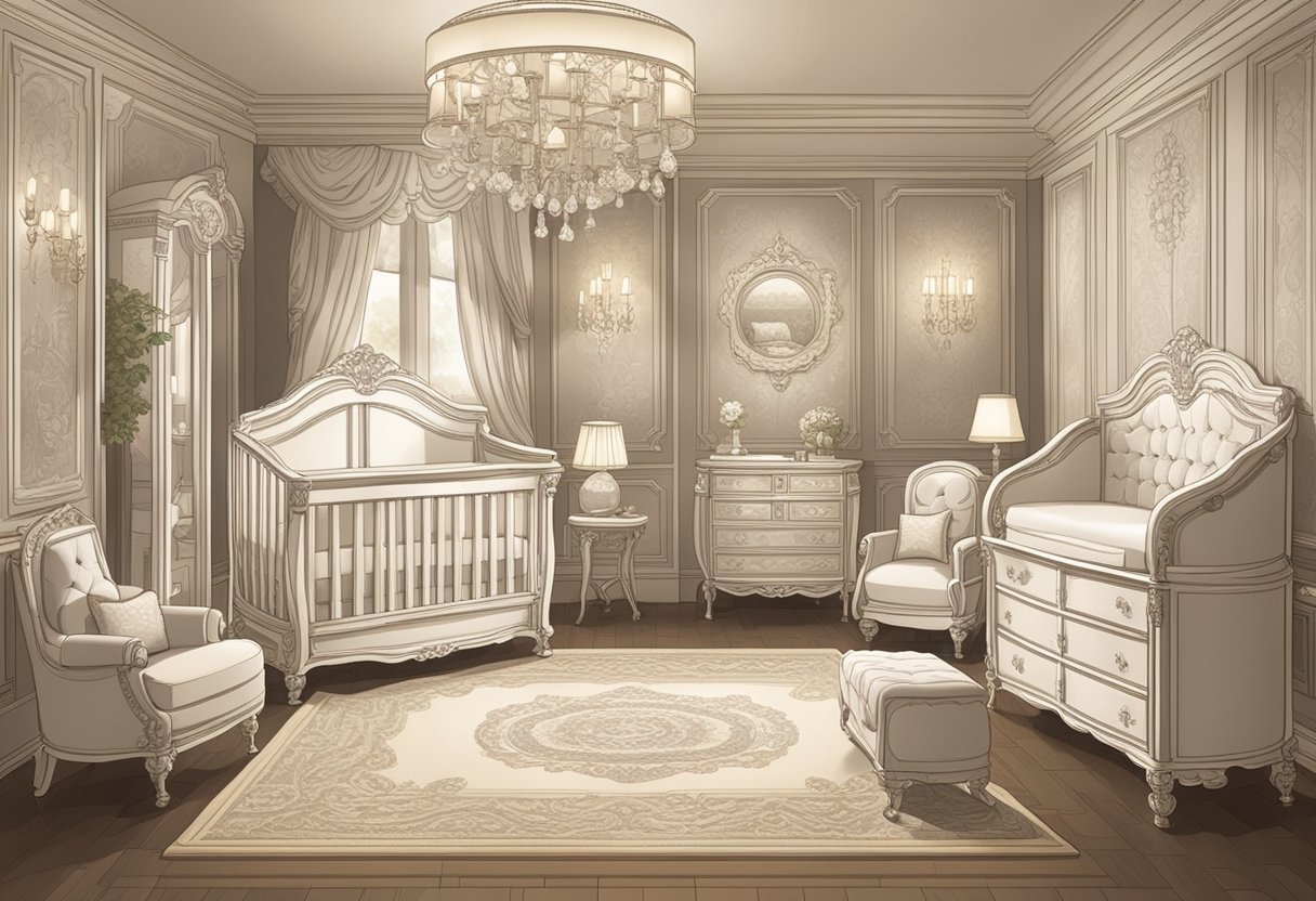 A luxurious nursery with ornate furniture and elegant decor, featuring a list of upper-class baby names displayed prominently on the wall