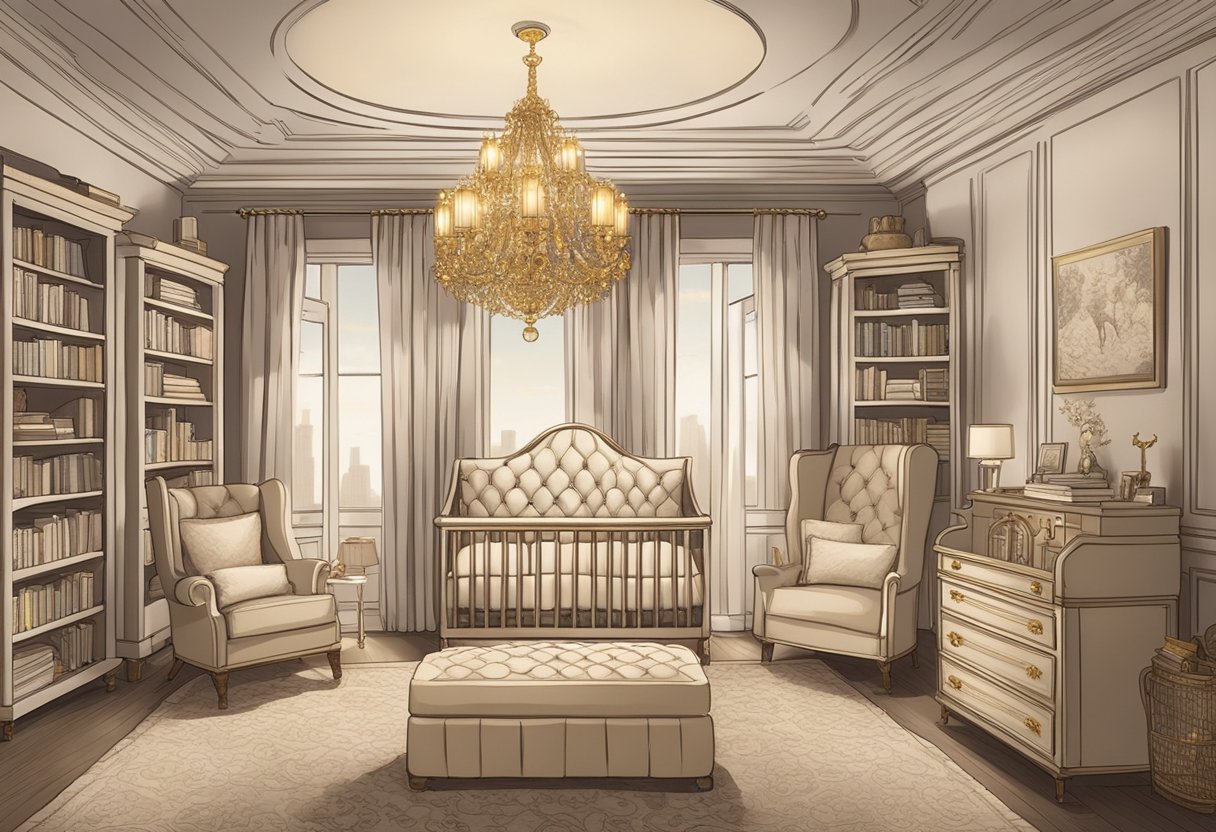 An elegant, ornate nursery with plush furnishings and a bookshelf filled with leather-bound baby name books. A golden chandelier hangs from the ceiling, casting a warm glow over the room