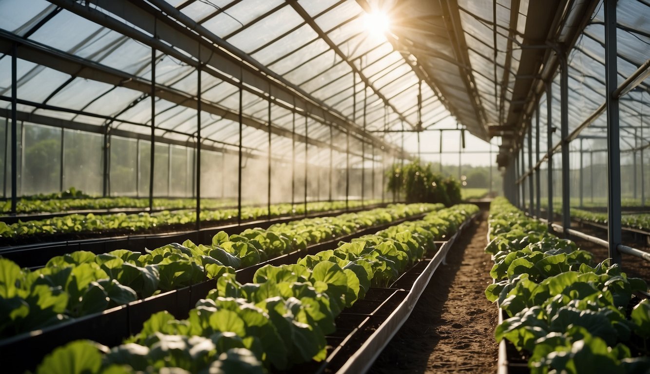 A greenhouse with rows of vegetables being watered by an irrigation system, with sunlight streaming in through the glass panels