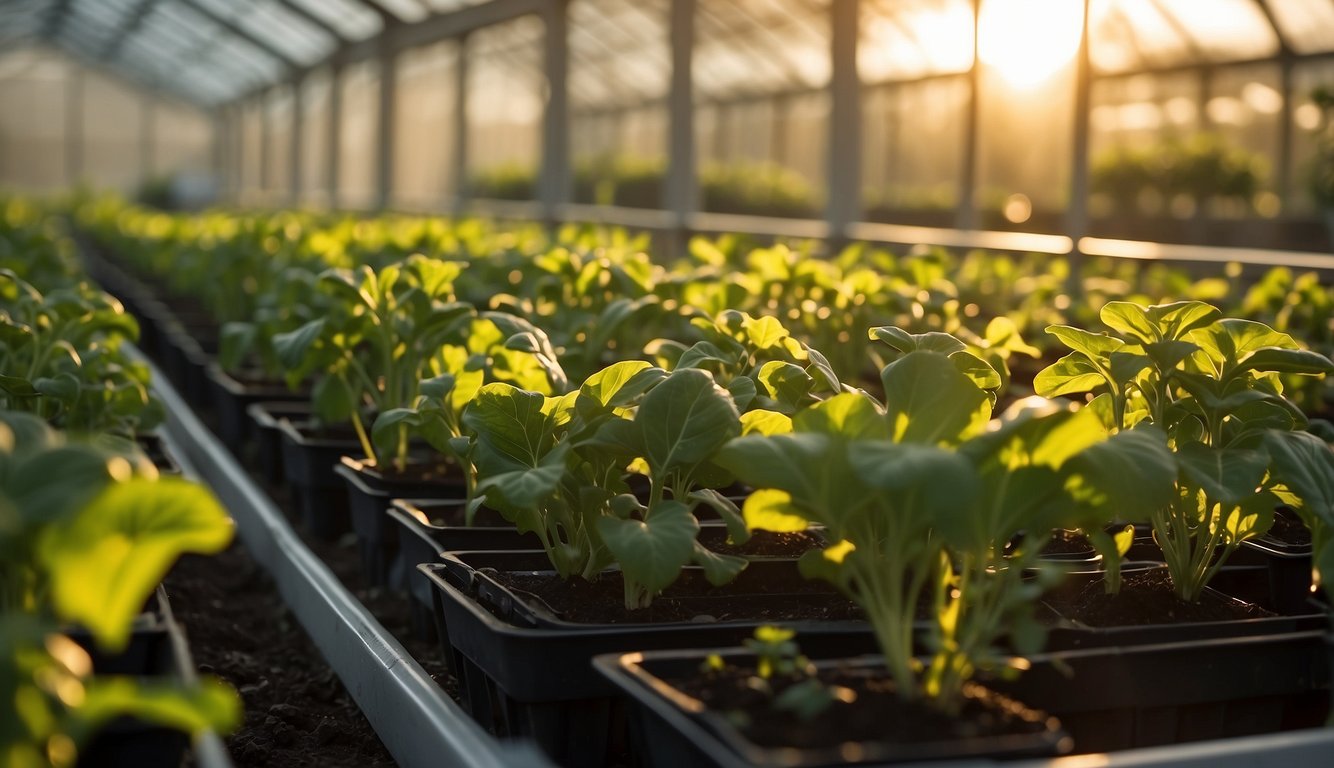 Sunlight streams through the glass panels of a greenhouse, casting a warm glow on rows of thriving vegetable plants