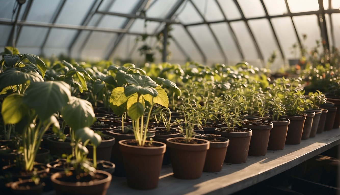 Plants arranged in a greenhouse, with various vegetables growing in pots. Sunlight filters through the glass, creating a warm and nurturing environment for year-round growth