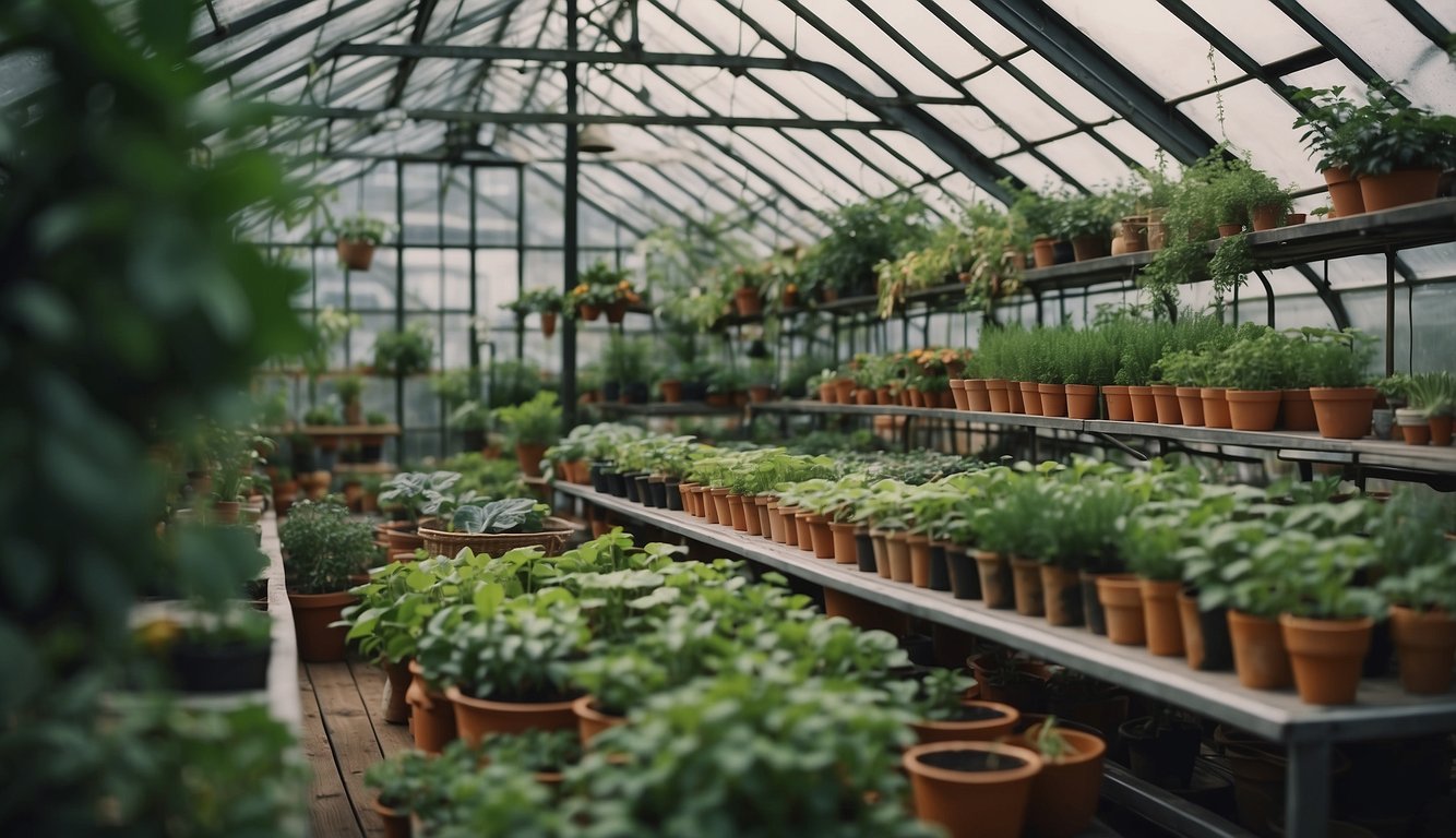 A greenhouse with shelves filled with various potted plants, vegetables, and herbs. Lush greenery and colorful produce thriving in the controlled environment