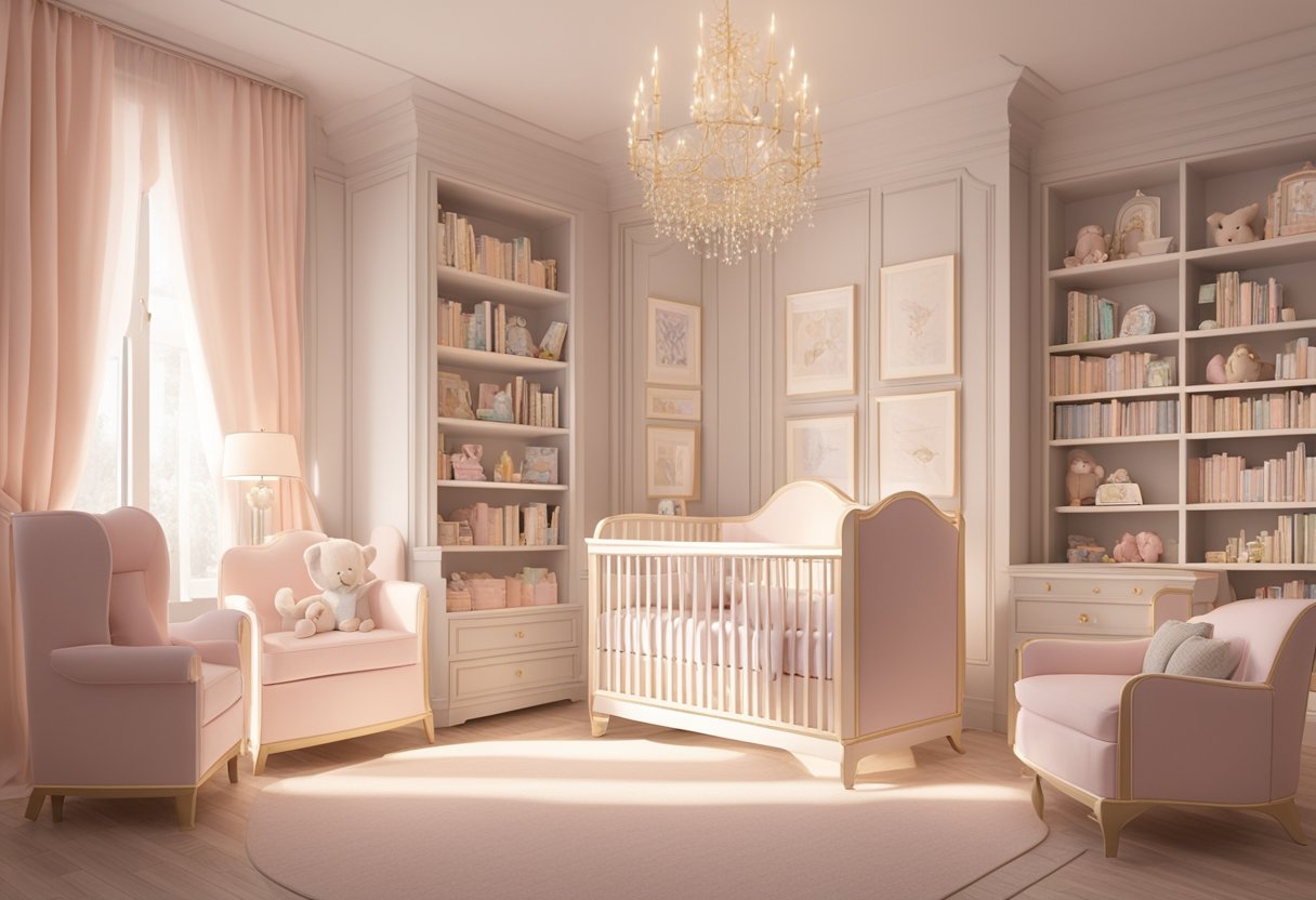 A luxurious nursery with elegant furniture and soft pastel colors, surrounded by shelves of classic baby name books and framed name art