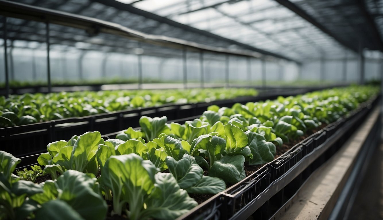 Lush green vegetables thrive inside a spacious, high-tech greenhouse, surrounded by cutting-edge equipment and technology. The scene exudes a sense of year-round productivity and innovation