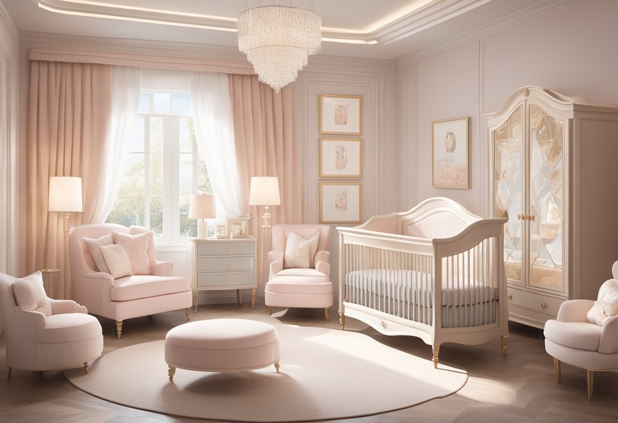 A luxurious nursery with elegant furniture and soft pastel colors, adorned with sophisticated name plaques and monogrammed baby items