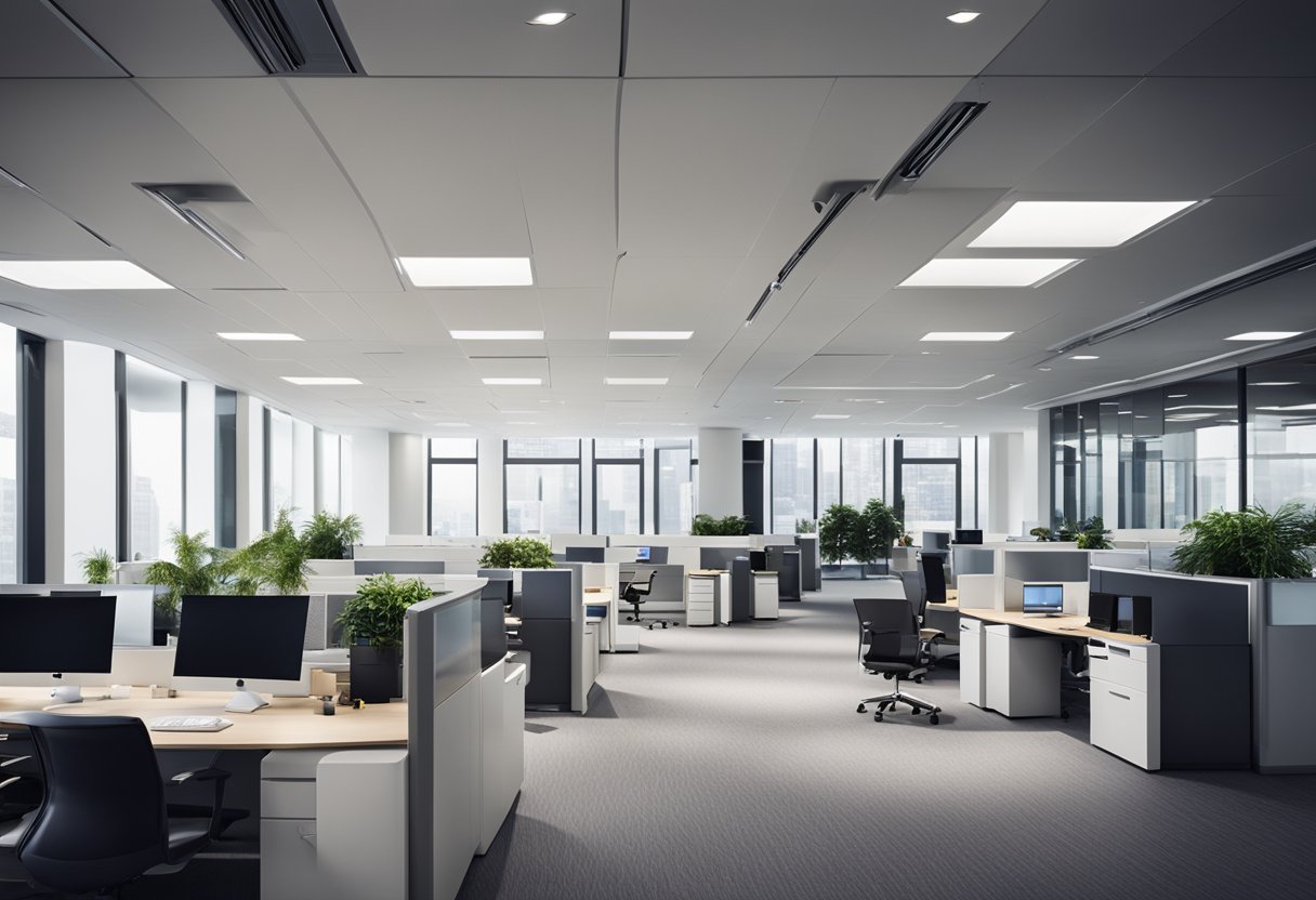 A modern office with sleek furniture, integrated technology, and open spaces for collaboration