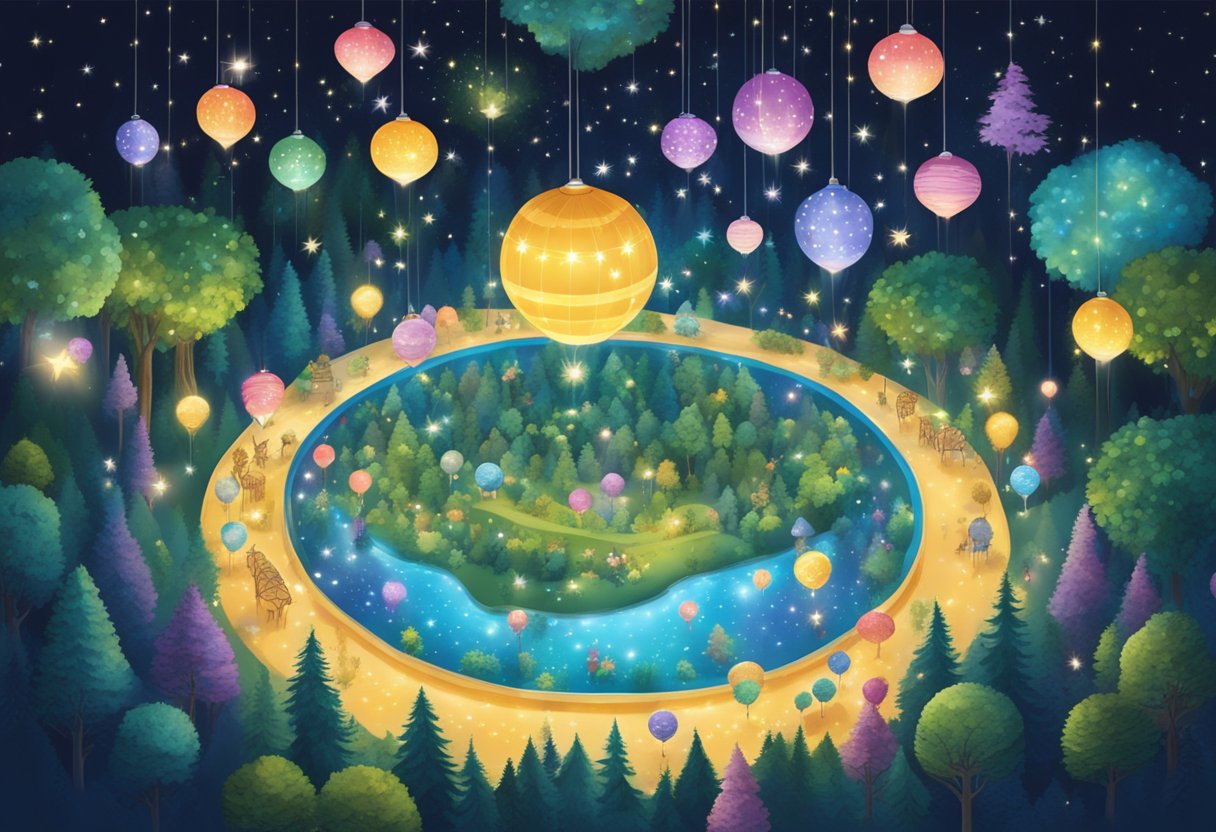 A colorful array of whimsical baby names floats above a magical forest, surrounded by sparkling stars and twinkling fairy lights