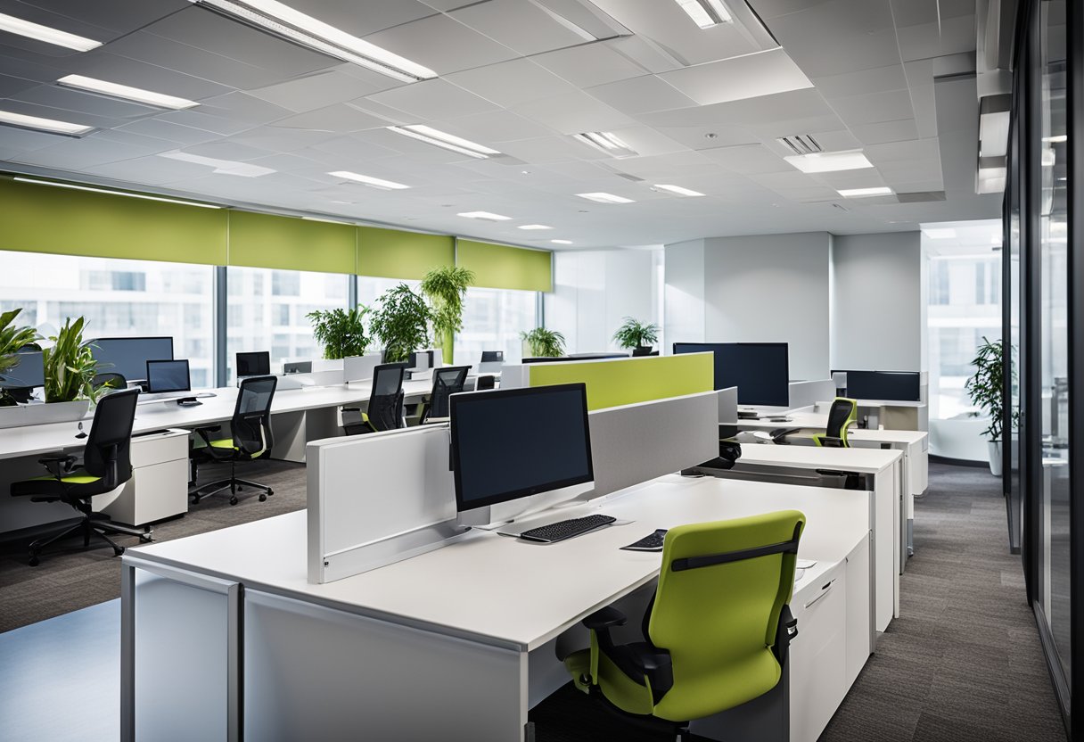 A modern, sleek office space with ergonomic furniture, integrated technology, and flexible work areas to accommodate collaboration and individual tasks