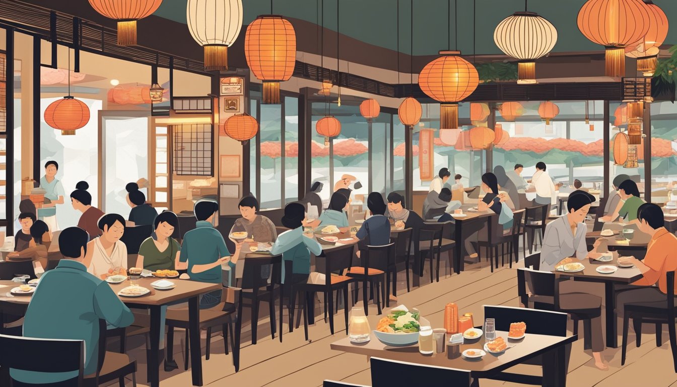 A bustling Japanese restaurant in Singapore with traditional decor, low tables, and paper lanterns. Customers enjoy fresh sushi and sashimi at affordable prices
