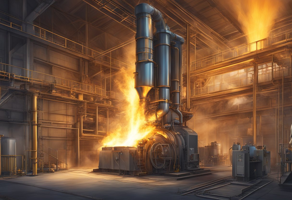 A regenerative gas-fired forging furnace roaring with intense heat and glowing metal within