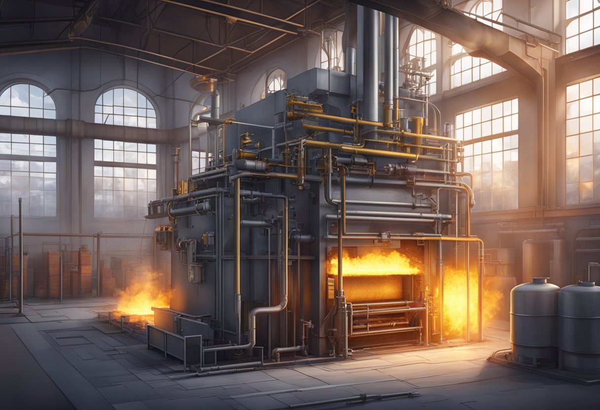 A regenerative gas fired forging furnace with flames and glowing metal inside, surrounded by heat-resistant bricks and pipes