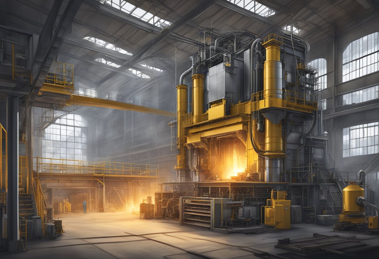 A regenerative gas-fired forging furnace being constructed with industrial machinery and equipment in a large workshop