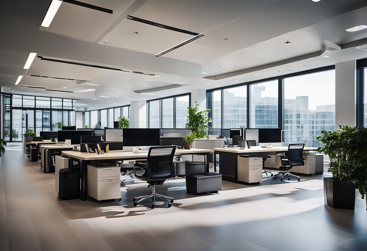 A modern office with sleek furniture, open floor plan, and integrated technology for a smart, efficient workspace