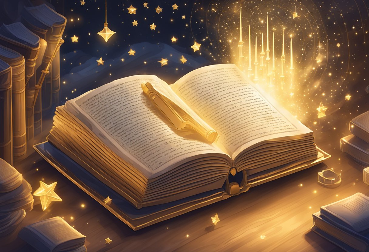 A magical book open on a table, surrounded by twinkling stars and swirling mist, with the title "Once Upon a Time Baby Names" glowing in golden letters