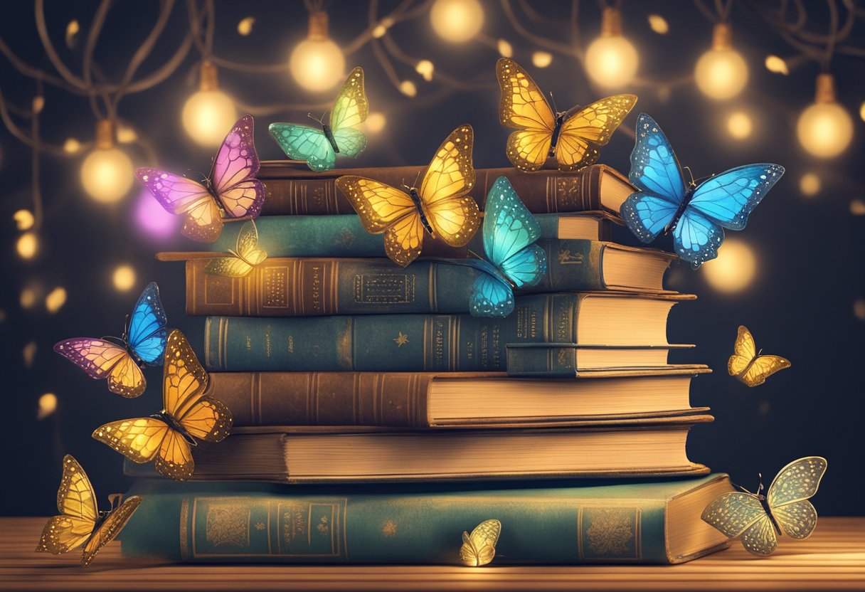 A stack of vintage books with whimsical titles sits on a wooden shelf, surrounded by twinkling fairy lights and colorful paper butterflies