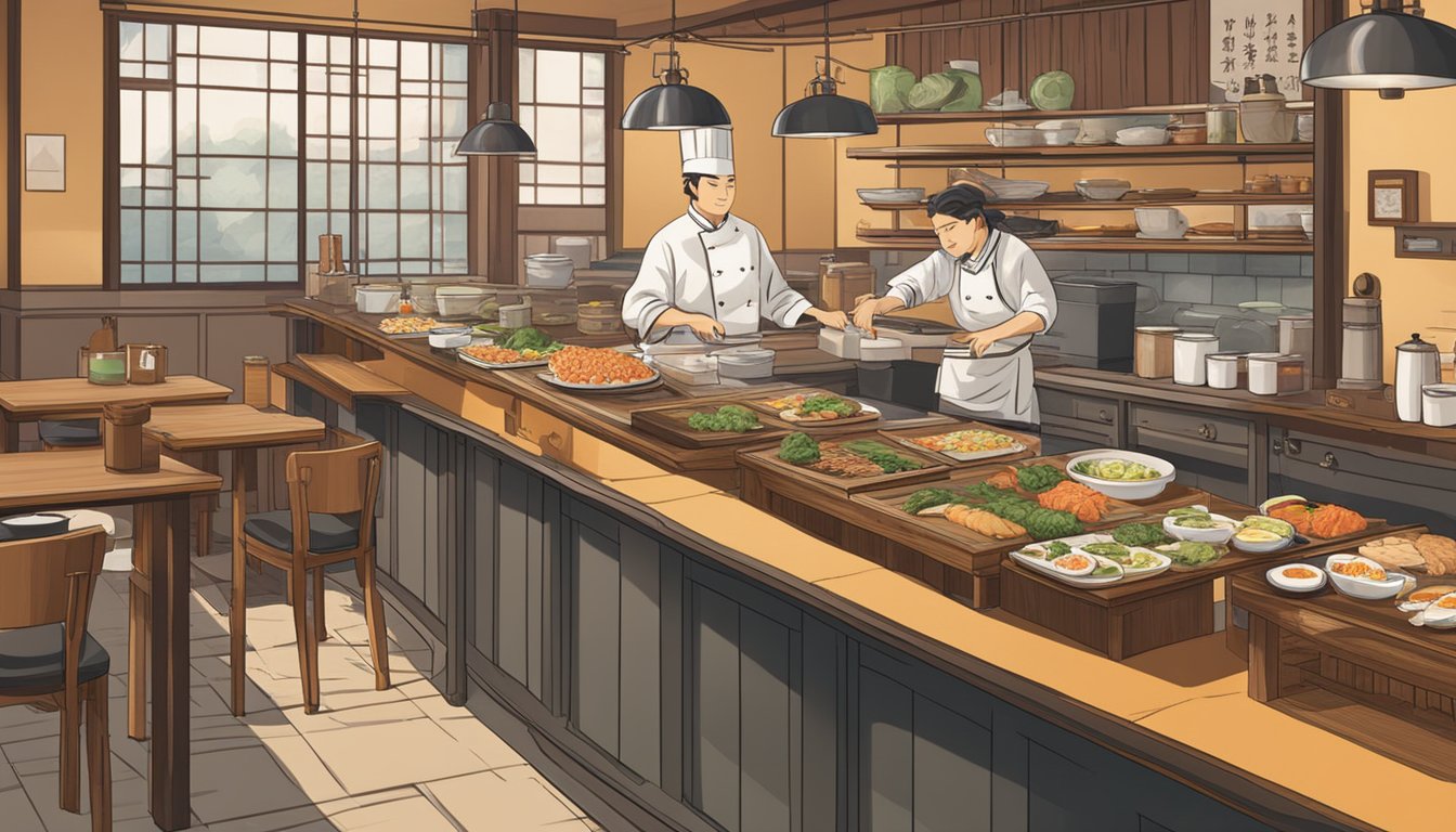 A table set with sushi, ramen, and tempura. A chef prepares dishes behind a counter. Patrons enjoy their meals in a cozy, traditional setting